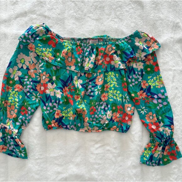 Andrée By Unit Top M Floral Off-Shoulder Long Sleeve Elastic Cuffs Cropped - Picture 1 of 7